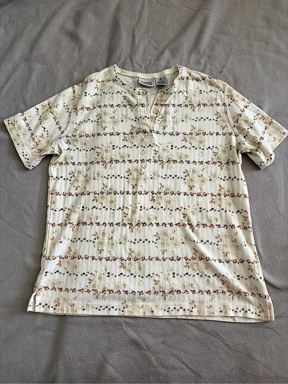 Classic Elements Cottagecore Fall Floral Short Sleeve Blouse Cream Size Small